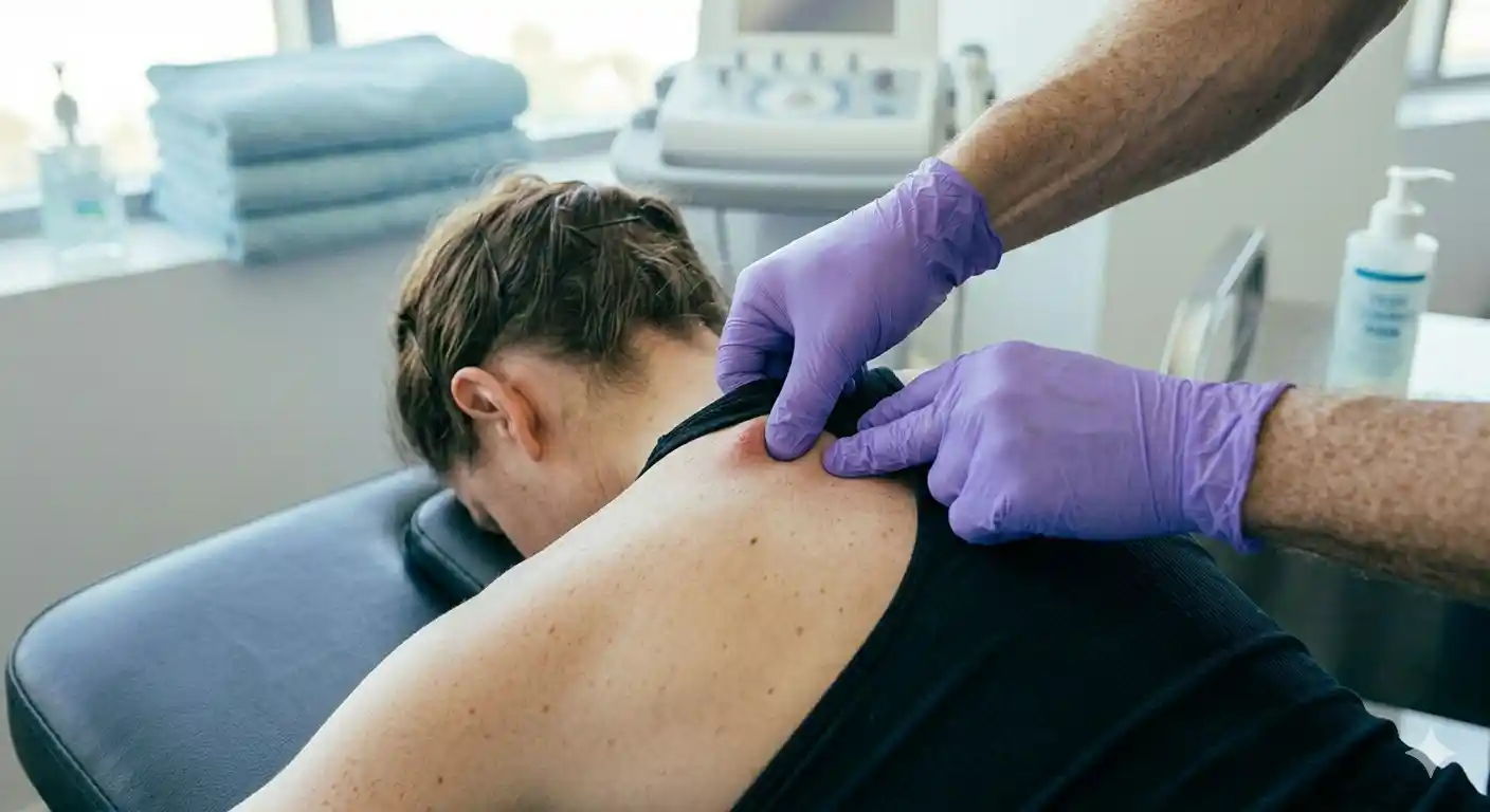A clinical professional wearing purple gloves is shown performing a targeted soft-tissue release or sports massage on a patient's upper trapezius muscle in a professional treatment environment.