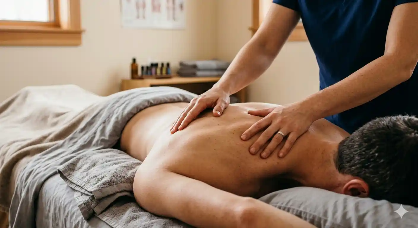 professional treatment room A clinical practitioner is shown performing a myofascial release technique by applying steady, broad-handed pressure to a patient's upper back in a professional treatment room.
