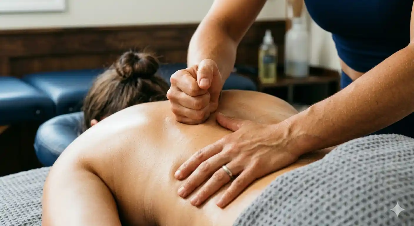 A clinical therapist is shown using a reinforced knuckle technique to apply firm, concentrated pressure to a patient's upper back during a deep tissue massage.
