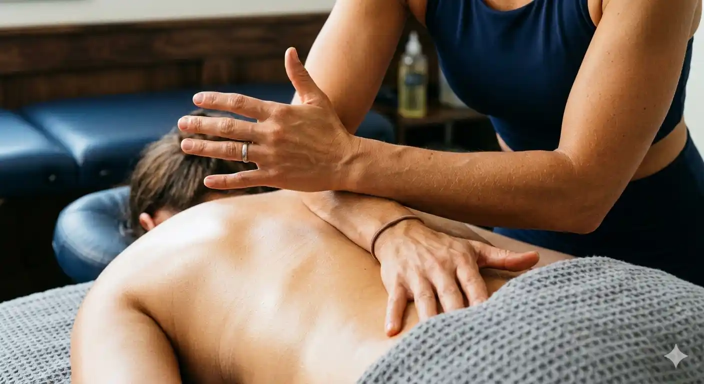 deep tissue massage A clinical therapist is shown using a reinforced forearm technique to apply deep, sustained pressure to a patient's back during a deep tissue massage.