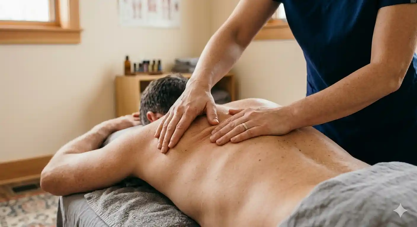 A clinical practitioner in blue scrubs is shown performing a myofascial release technique by applying slow, broad-handed pressure to a patient's mid-back area.