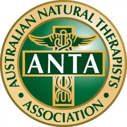 The image shows the circular emblem of the Australian Natural Therapists Association (ANTA), which features a green and gold design with a caduceus symbol centered on a cross.