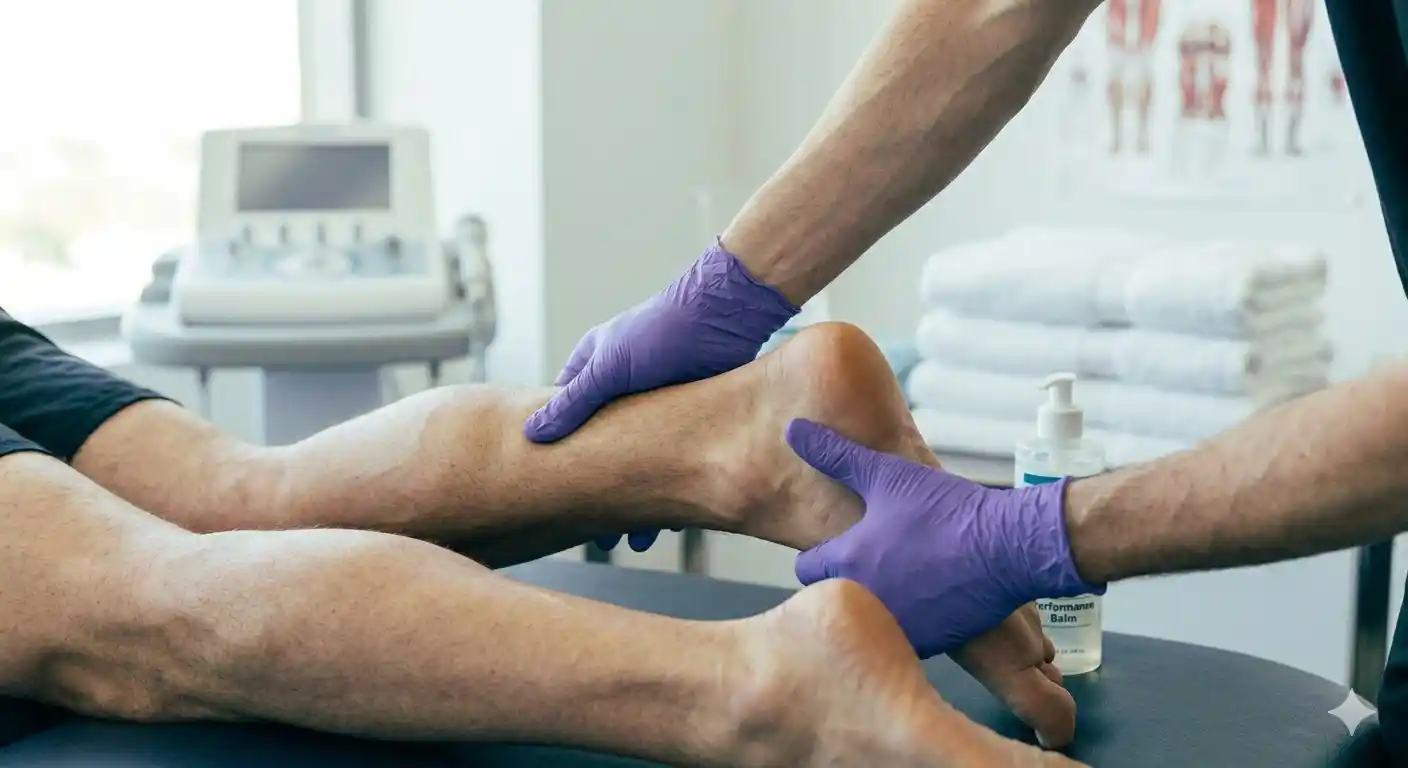 A therapist wearing purple clinical gloves performs a hands-on assessment or sports massage on a patient's lower leg and heel in a professional treatment room.