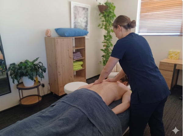A professional female therapist performs a clinical remedial massage on a client’s back in a serene, modern treatment room to help alleviate muscle tension and promote relaxation.