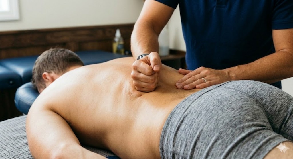 A massage therapist applies deep, focused pressure with their knuckle to a male patient's lower back to target muscle knots in a professional, home-like setting.