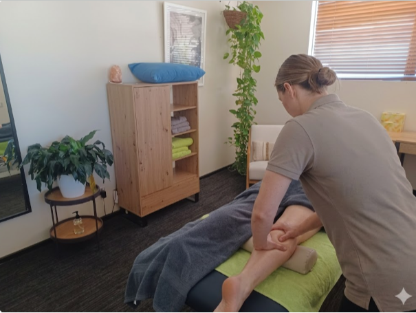 A professional therapist applies targeted pressure to a client's calf muscle during a deep tissue massage session to help release lower leg tension and improve circulation.