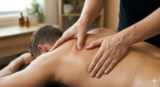A qualified myotherapy practitioner applies firm pressure to a client's upper back to relieve tension and chronic pain in a Melbourne-based wellness clinic.
