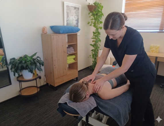 A professional female therapist applies targeted pressure to a client's shoulders and upper back during a clinical remedial massage session designed to relieve tension and improve mobility