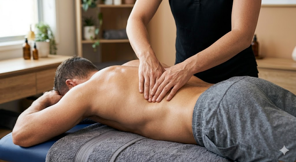 A therapist performs manual therapy on the hamstrings and upper legs of a woman lying face down on a treatment table.