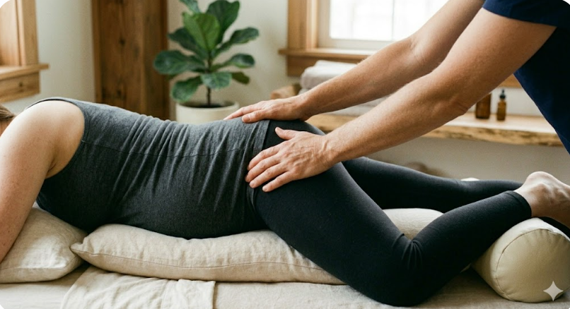 A therapist performs a hands-on treatment on a pregnant client lying prone on a massage table supported by bolsters and pillows.
