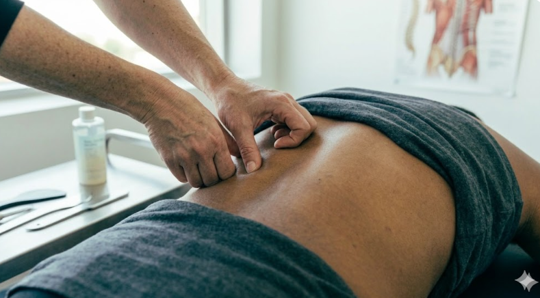 A clinical practitioner performs a manual assessment or myotherapy treatment on a patient's lower back in a professional clinical setting.