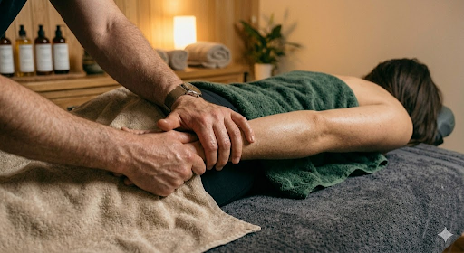 A therapist wearing purple clinical gloves performs a hands-on assessment or sports massage on a patient's lower leg and heel in a professional treatment room.