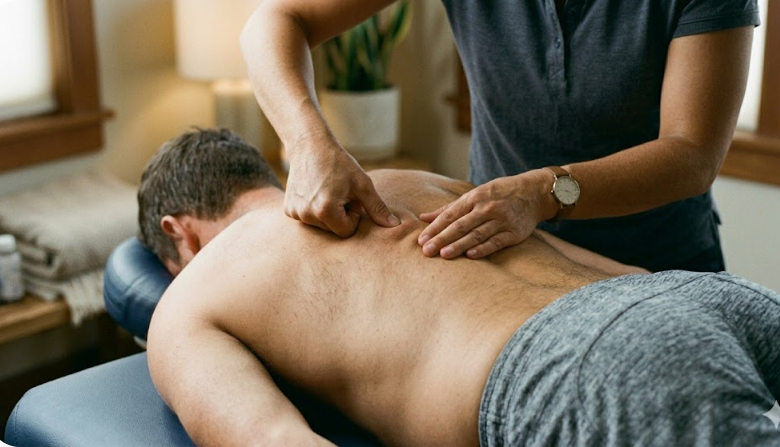 A therapist performs trigger point therapy on a male patient's back in a cozy, non-clinical setting, focusing on the pressure applied by the hands.