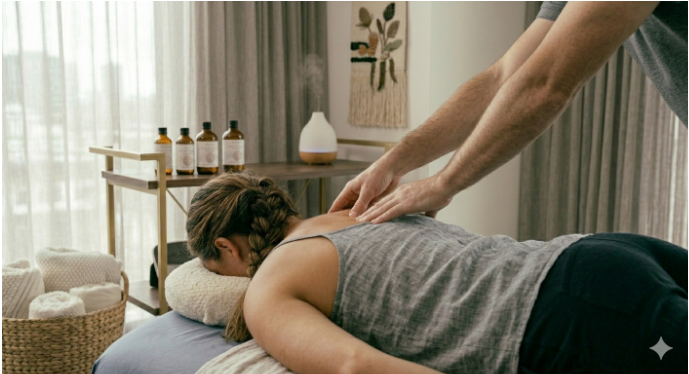 In a tranquil setting enhanced by aromatherapy, a therapist performs a relaxing massage on a client's upper back to help release tension and promote overall well-being.