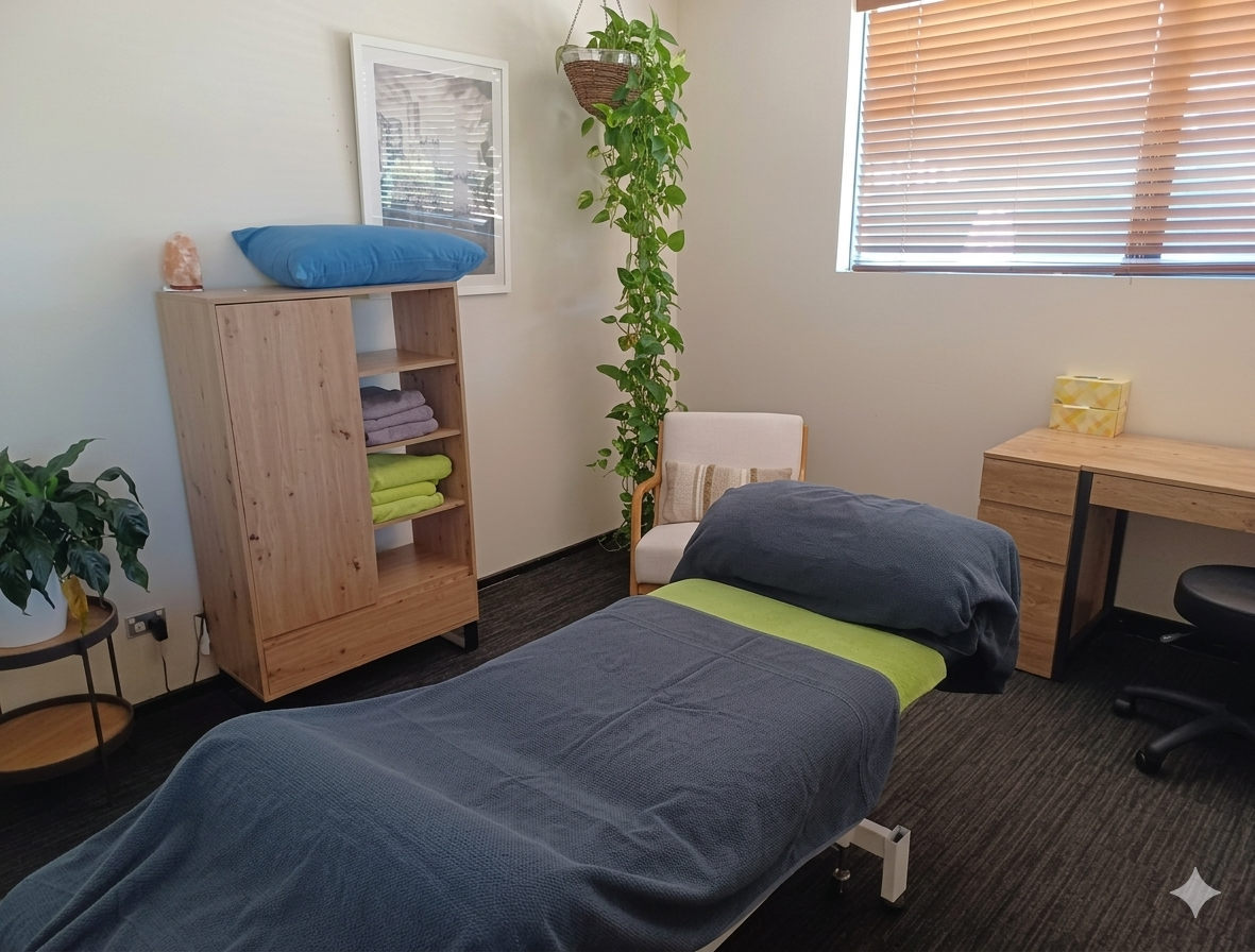 A serene, professional therapy room features a neatly made treatment table with blue and lime green linens, complemented by warm wooden furniture, lush indoor plants, and soft natural light filtering through window blinds.
