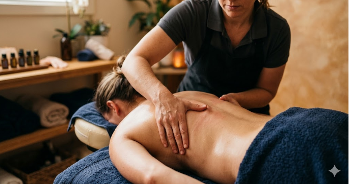 A therapist in a grey polo shirt and black apron performs a manual back remedial massage on a woman lying face down on a treatment table.